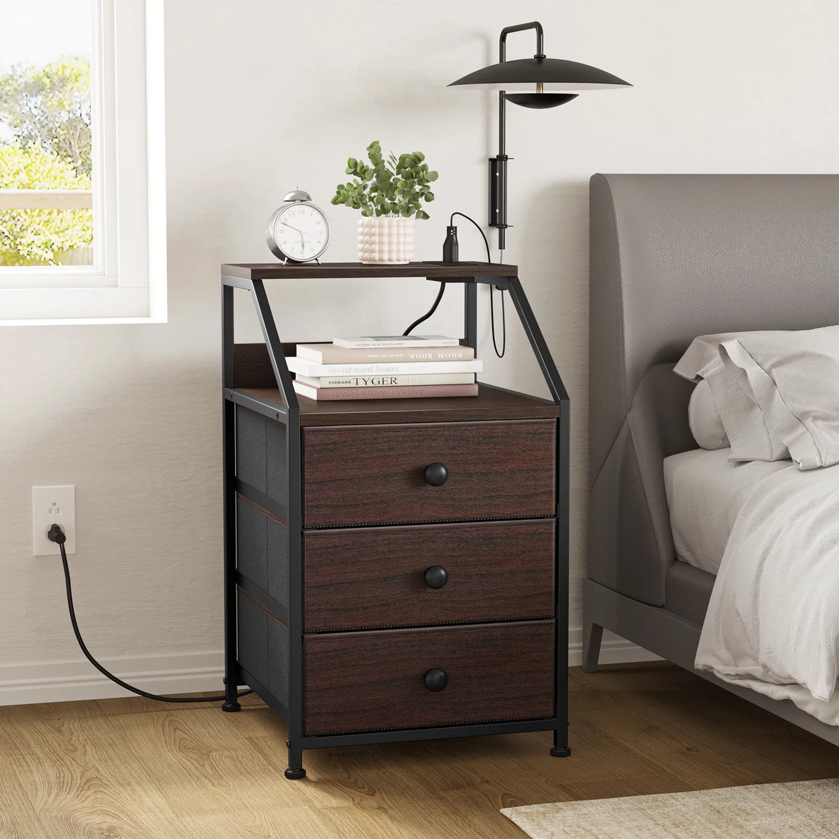 Rustic Brown Nightstand with Charging Station Set of 2 C72643