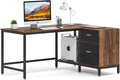 Rustic Industrial L Shaped Desk with Storage Drawer, 55 Inch Wood and Metal Study Corner Desk with Shelves and Hanging File Cabinet K627526