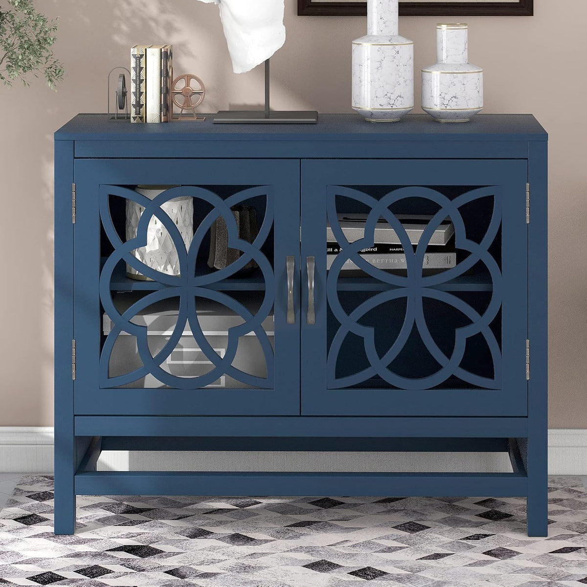 Navy Blue Wood Accent Buffet Sideboard with Doors and Adjustable Shelf O669