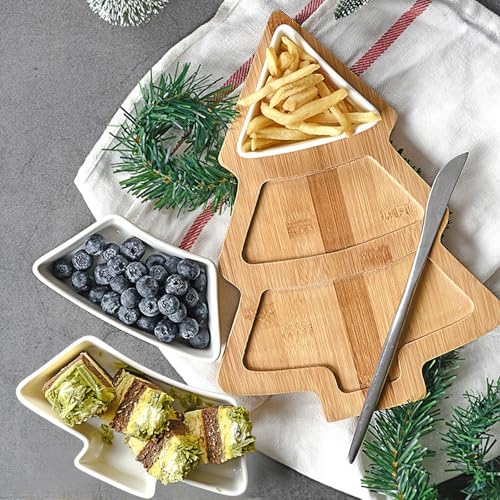 Christmas Tree Shaped Ceramic Platter with Wood Tray E257