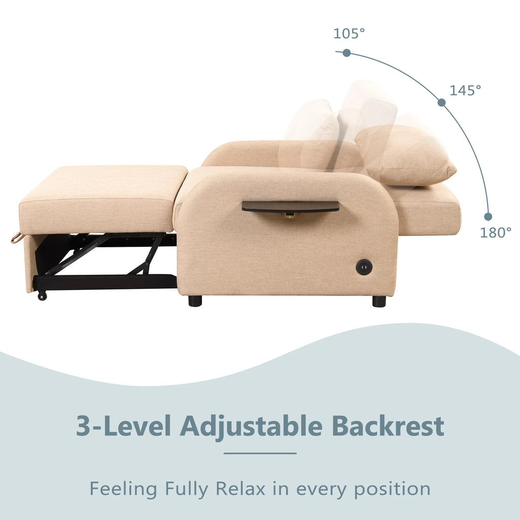 Beige 3 in 1 Pull Out Sofa Sleeper with USB Charge F433