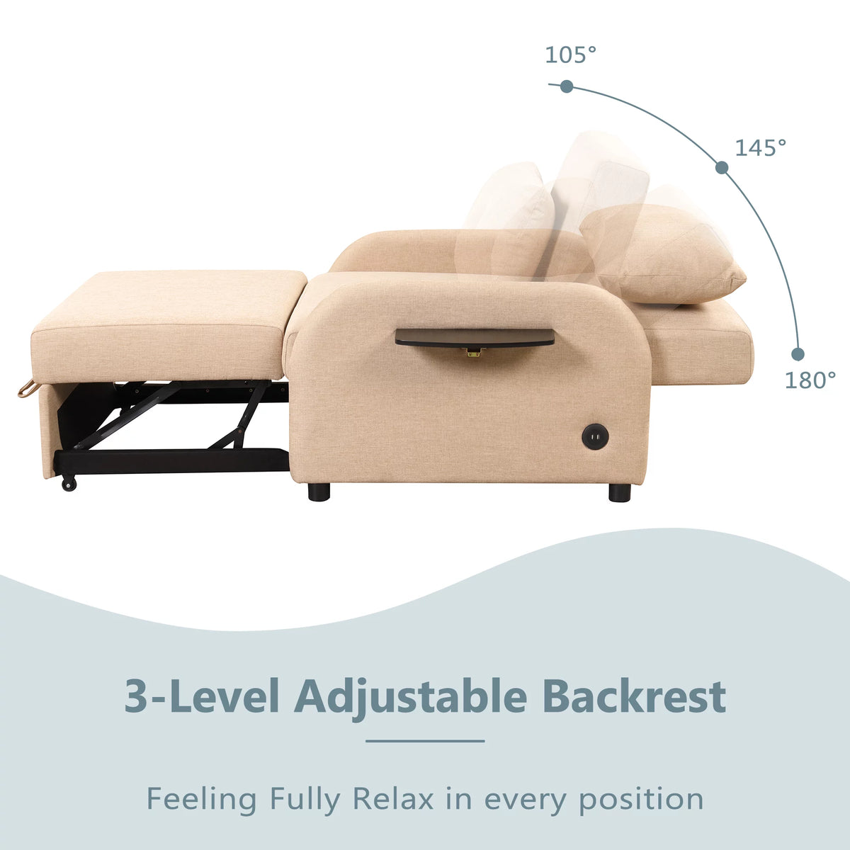 Beige 3 in 1 Pull Out Sofa Sleeper with USB Charge F433