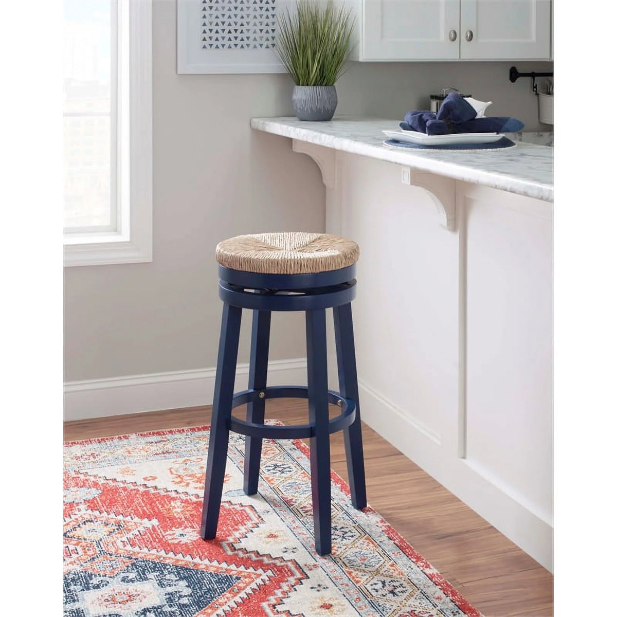 Navy Blue Wood Swivel Barstool V176193