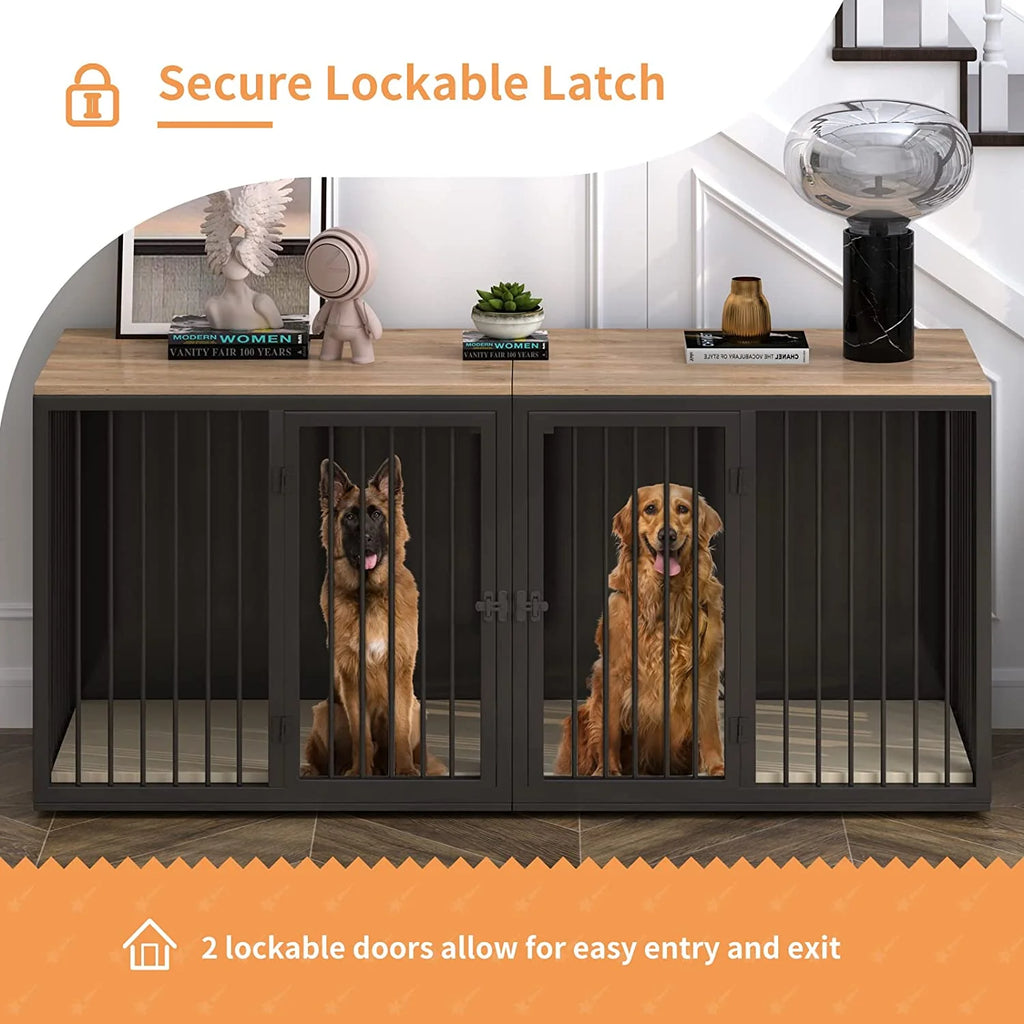 Black Large 2 Dog Steel Frame Wooden Top Crate Furniture C250614