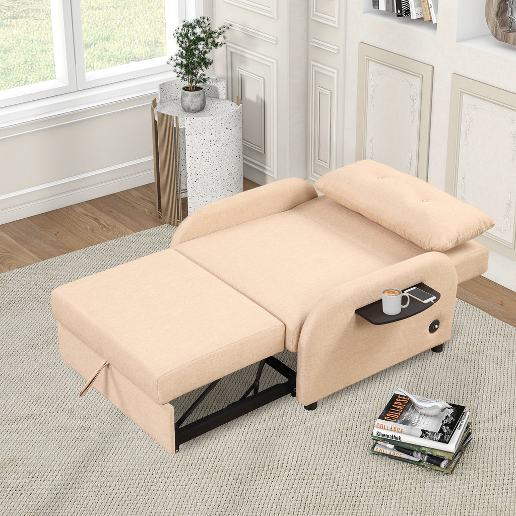 Beige 3 in 1 Pull Out Sofa Sleeper with USB Charge F433