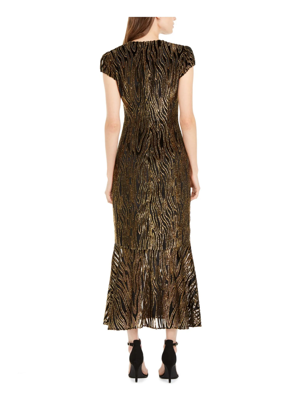Black Textured Printed Cap Sleeve V Neck Maxi Trapeze Dress H67725