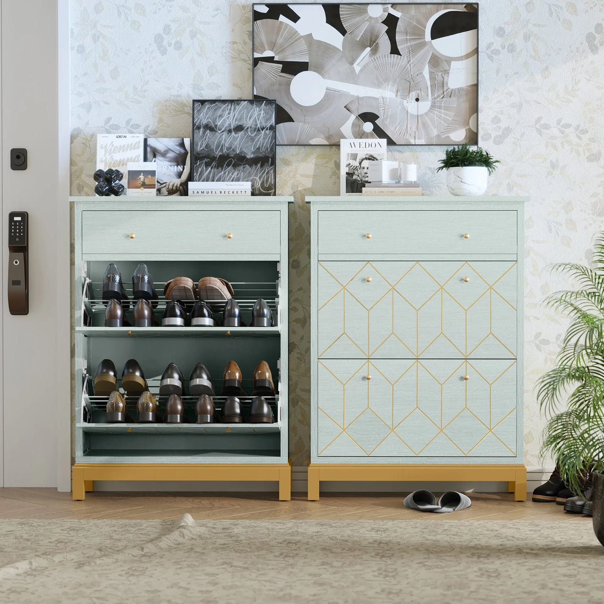 Green Shoe Cabinet with 2 Flip Doors 1 Drawer D1211