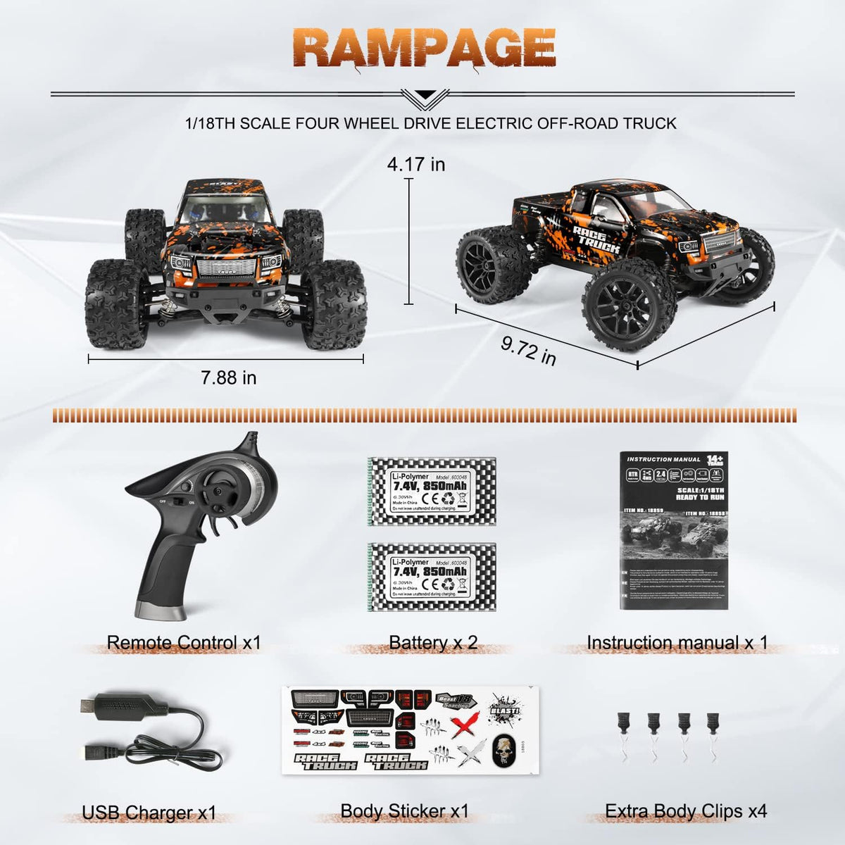 1:18 Scale 4X4 RC Monster Truck with 2 Batteries C529574