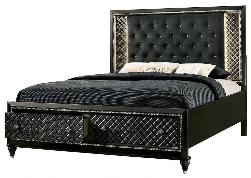 California King Size Bed 2 Nightstands Metallic Gray Solid Wood Black Fabric Tufted Q60689