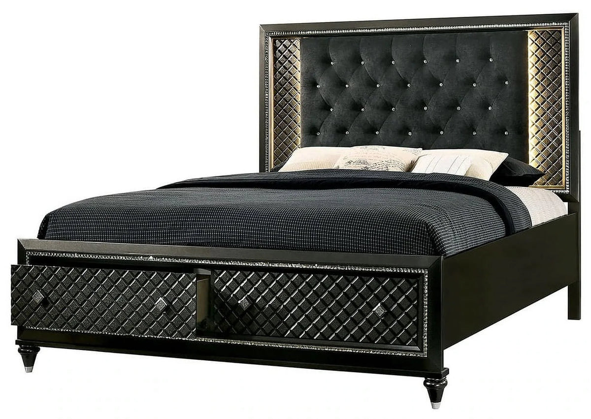 California King Size Bed 2 Nightstands Metallic Gray Solid Wood Black Fabric Tufted Q60689
