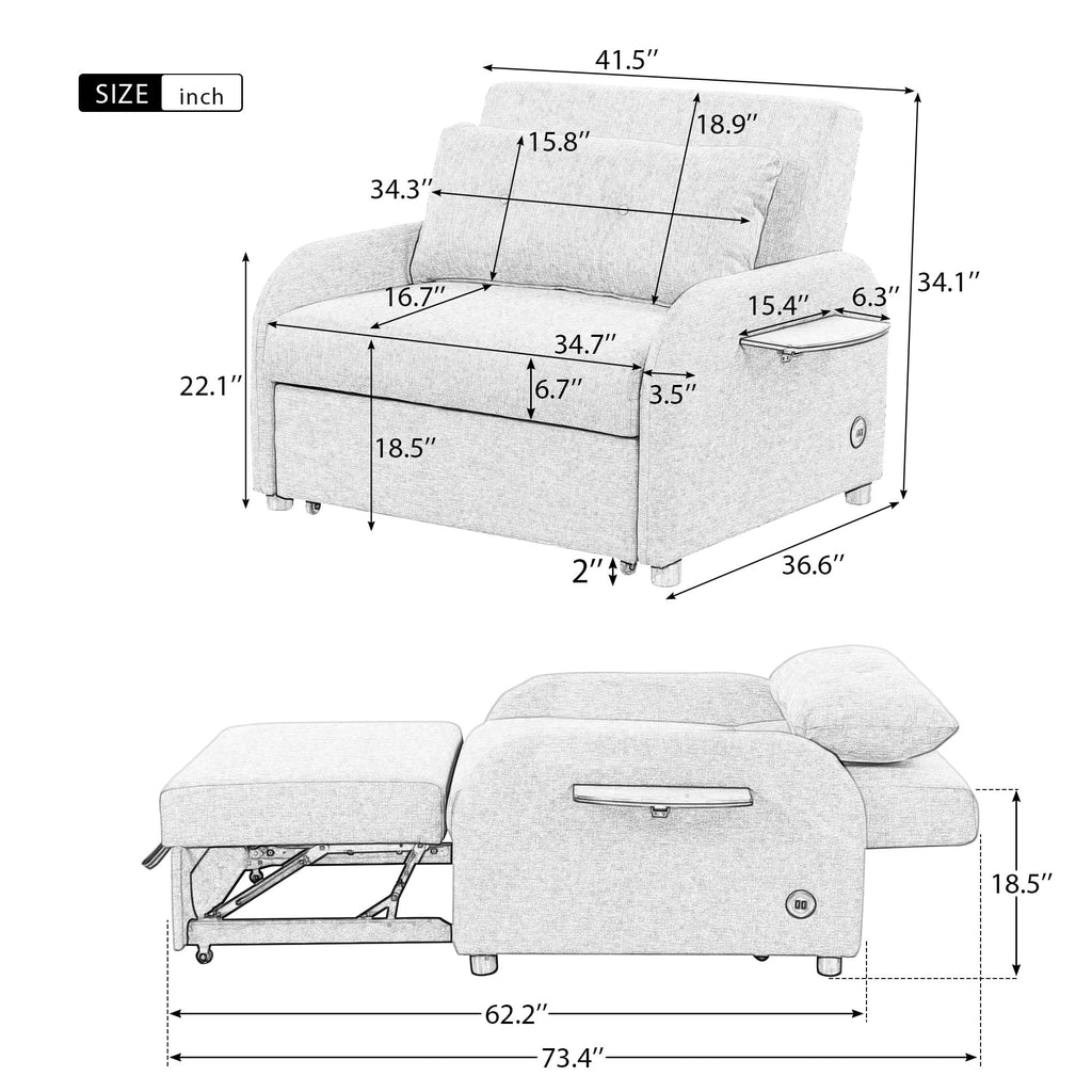 Beige 3 in 1 Pull Out Sofa Sleeper with USB Charge F433