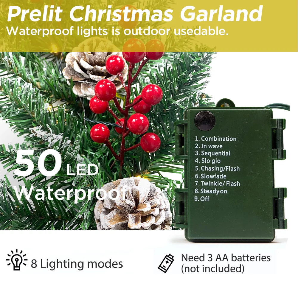 9ft Pre-Lit Christmas Garland with 50 LED Light and Pine Cones and Berries I98004