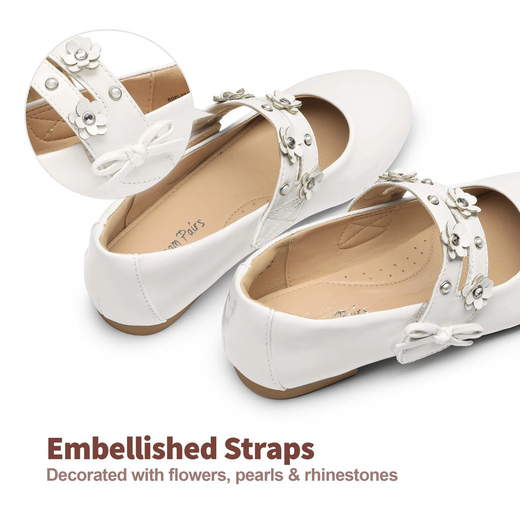 Flower Girl Ballet Flats Pearls Bow Mary Jane Dress Shoes C9416