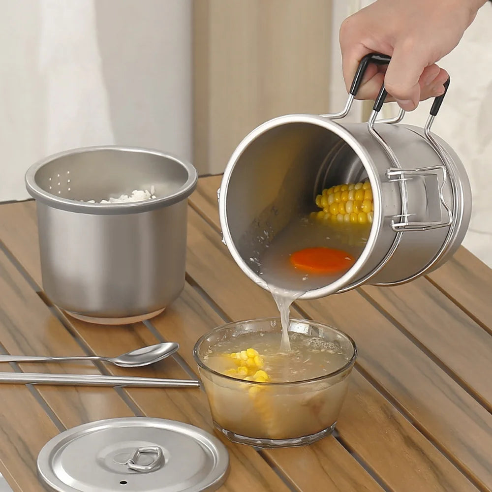 Large Capacity Stainless Steel Camping Cooking Pot with Removable Handle Y85797