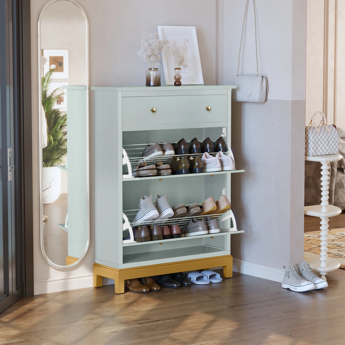 Green Shoe Cabinet with 2 Flip Doors 1 Drawer D1211