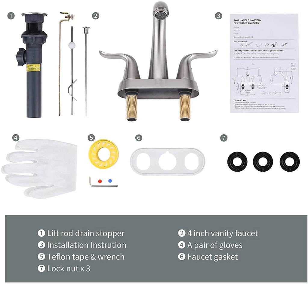 2 Handle 4 Inch Centerset Bathroom Sink Faucet with Lift Rod Drain Stopper A851000