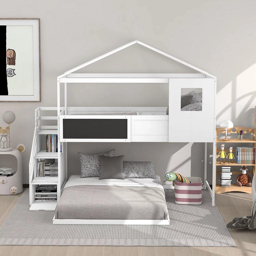Twin over Full Bunk Bed with Storage Staircase and Blackboard White Q91072