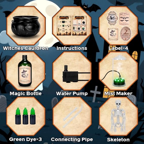 Black Cauldron Halloween Decoration with Skeleton Potion Bottles V3389