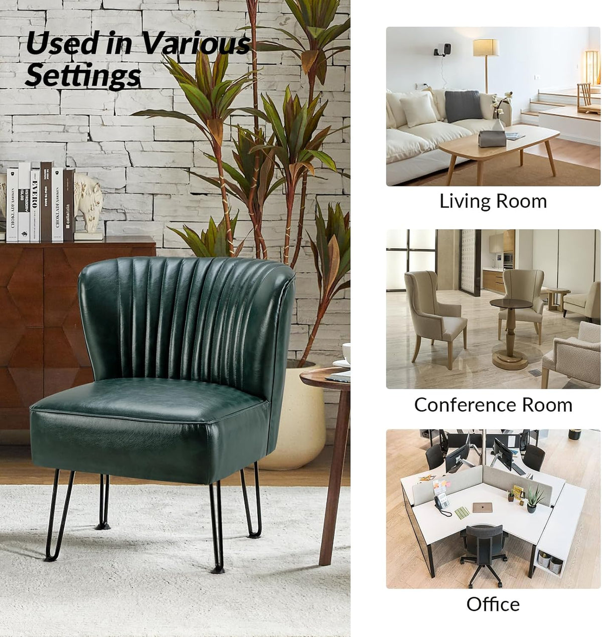 Green Faux Leather Armless Accent Chair with Metal Base O97705
