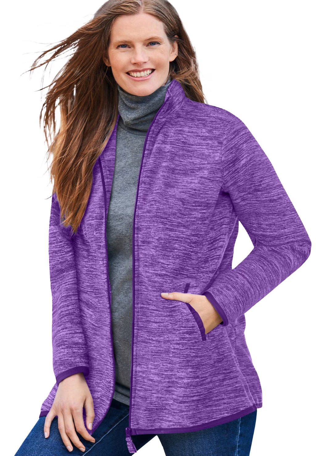 Radiant Purple Marled Plus Size Zip-Front Microfleece Jacket D903617