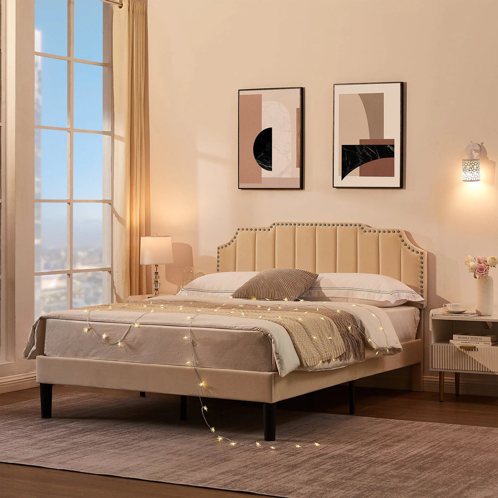 Queen Size Upholstered Platform Bed Frame with Nailhead Trim X55758