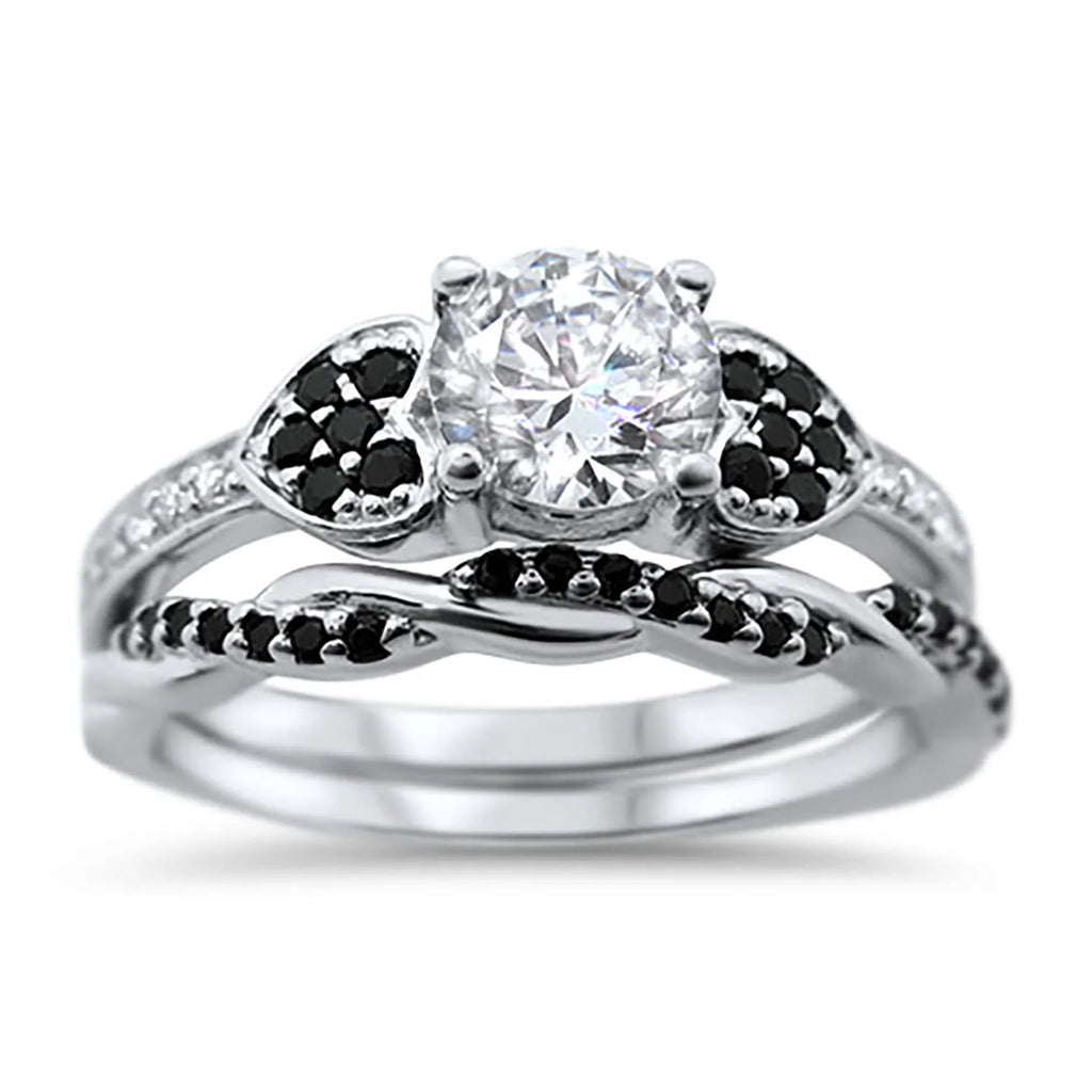 3 Piece Sterling Silver Black Titanium Wedding Band Engagement Ring Set A775980