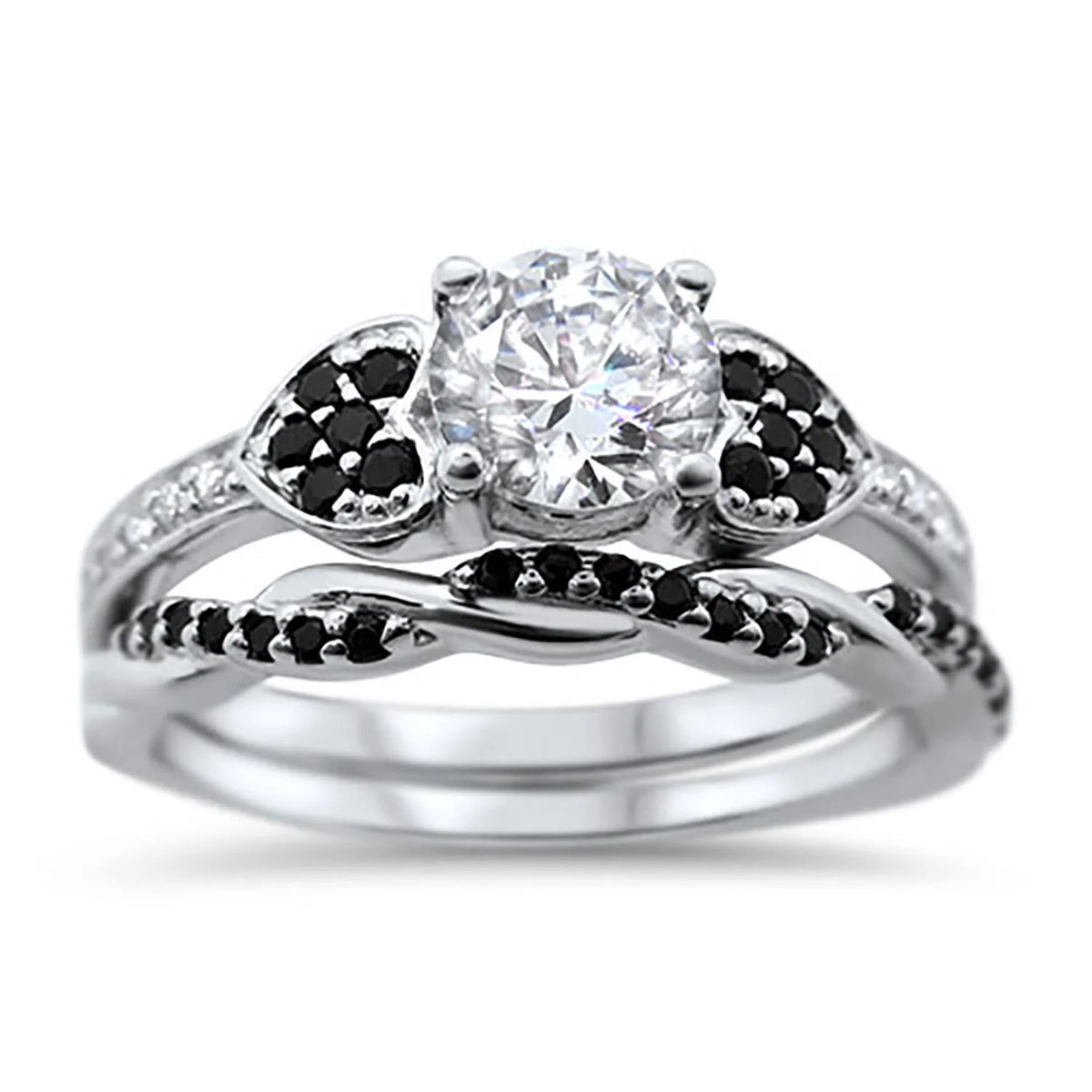 3 Piece Sterling Silver Black Titanium Wedding Band Engagement Ring Set A775980