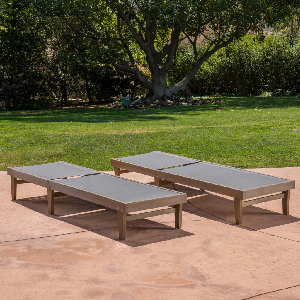Outdoor Mesh and Wood Chaise Lounge Set of 2 Dark Grey F797176