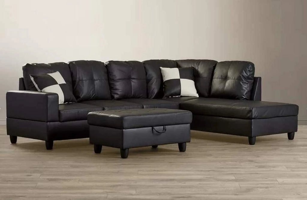L-Shape Faux Leather Sectional Sofa with Chaise and Ottoman C9390
