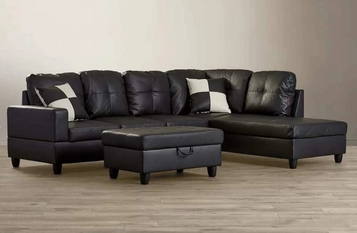 L-Shape Faux Leather Sectional Sofa with Chaise and Ottoman C9390