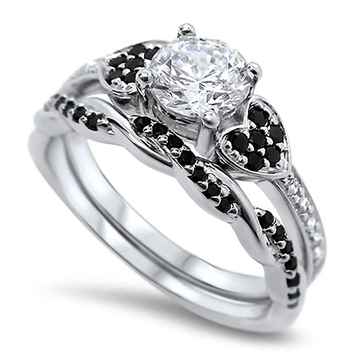 3 Piece Sterling Silver Black Titanium Wedding Band Engagement Ring Set A775980