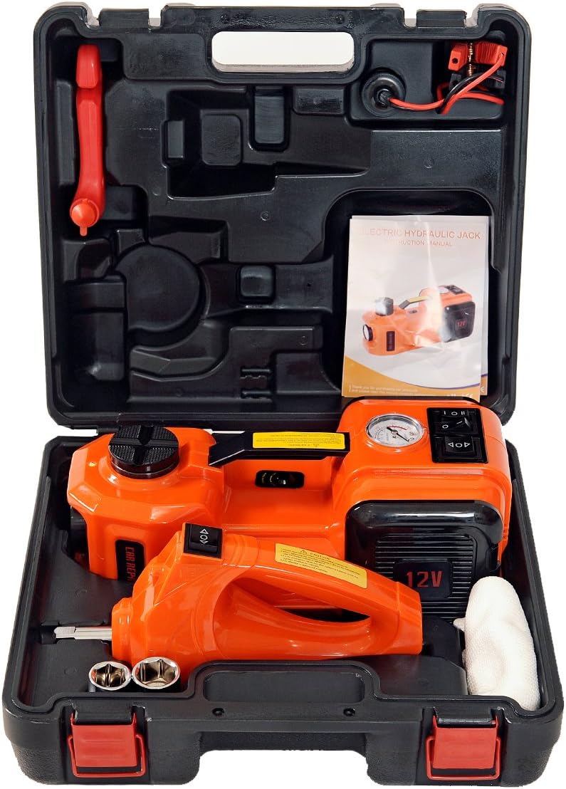 12V DC Electric Hydraulic Floor Jack and Tire Inflator Pump and LED Flashlight 3 in 1 Set with Electric Impact Wrench Car Repair Tool Kit R14023