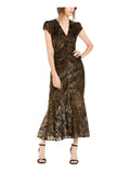 Black Textured Printed Cap Sleeve V Neck Maxi Trapeze Dress H67725