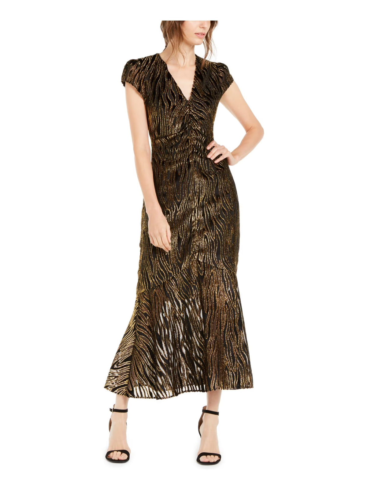 Black Textured Printed Cap Sleeve V Neck Maxi Trapeze Dress H67725