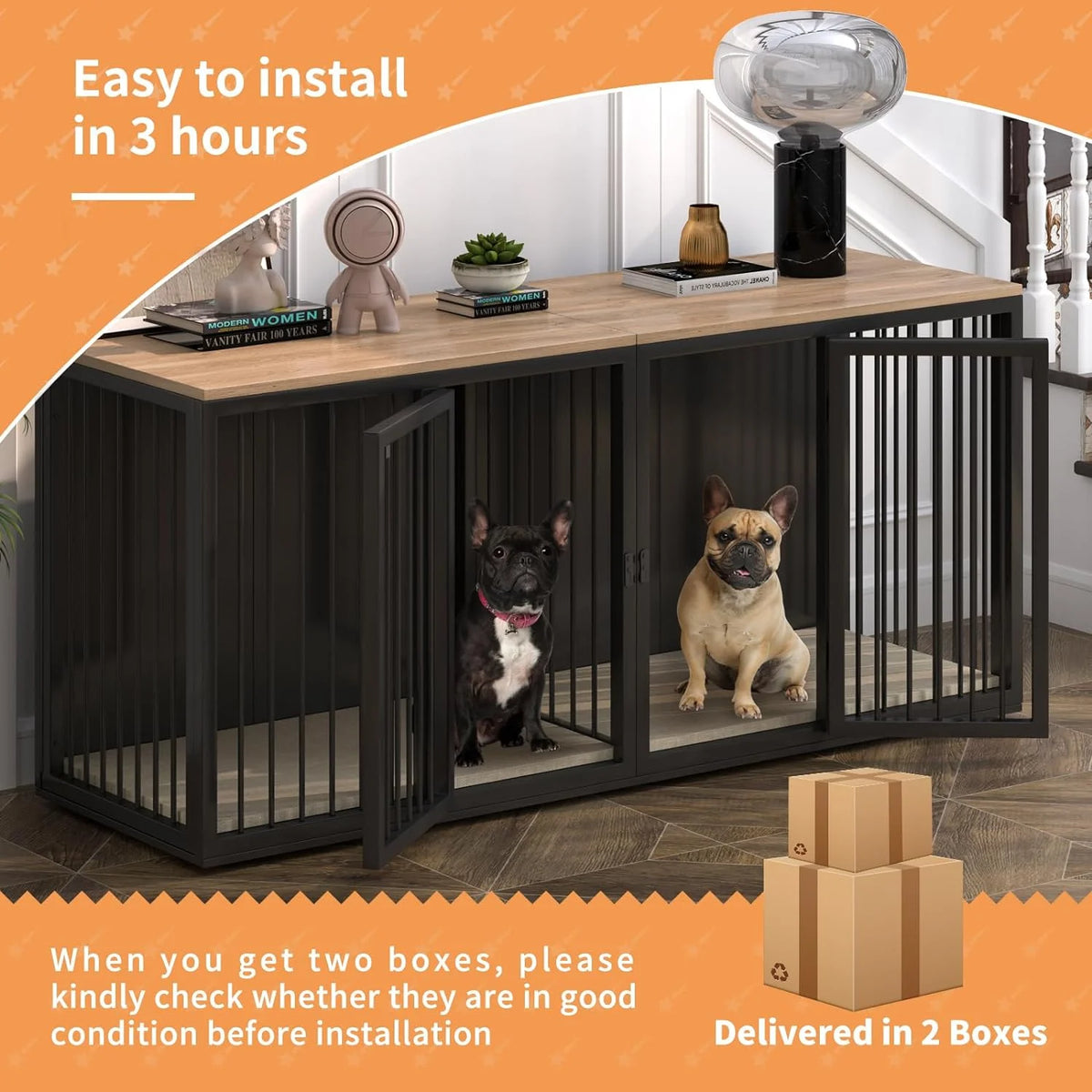 Black Large 2 Dog Steel Frame Wooden Top Crate Furniture C250614