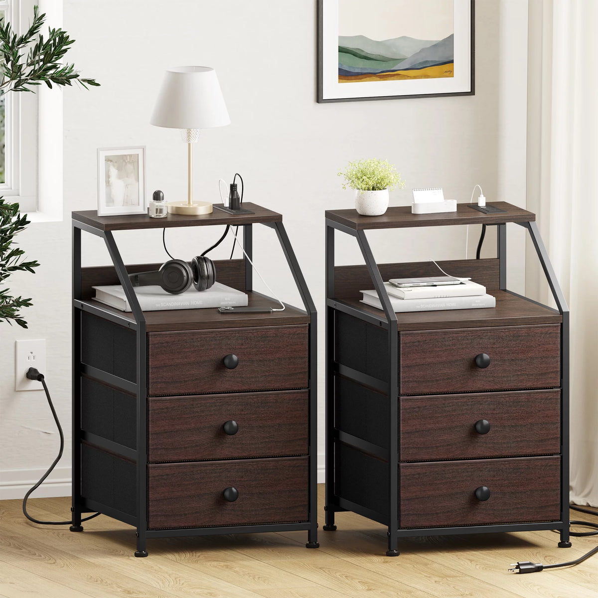 Rustic Brown Nightstand with Charging Station Set of 2 C72643