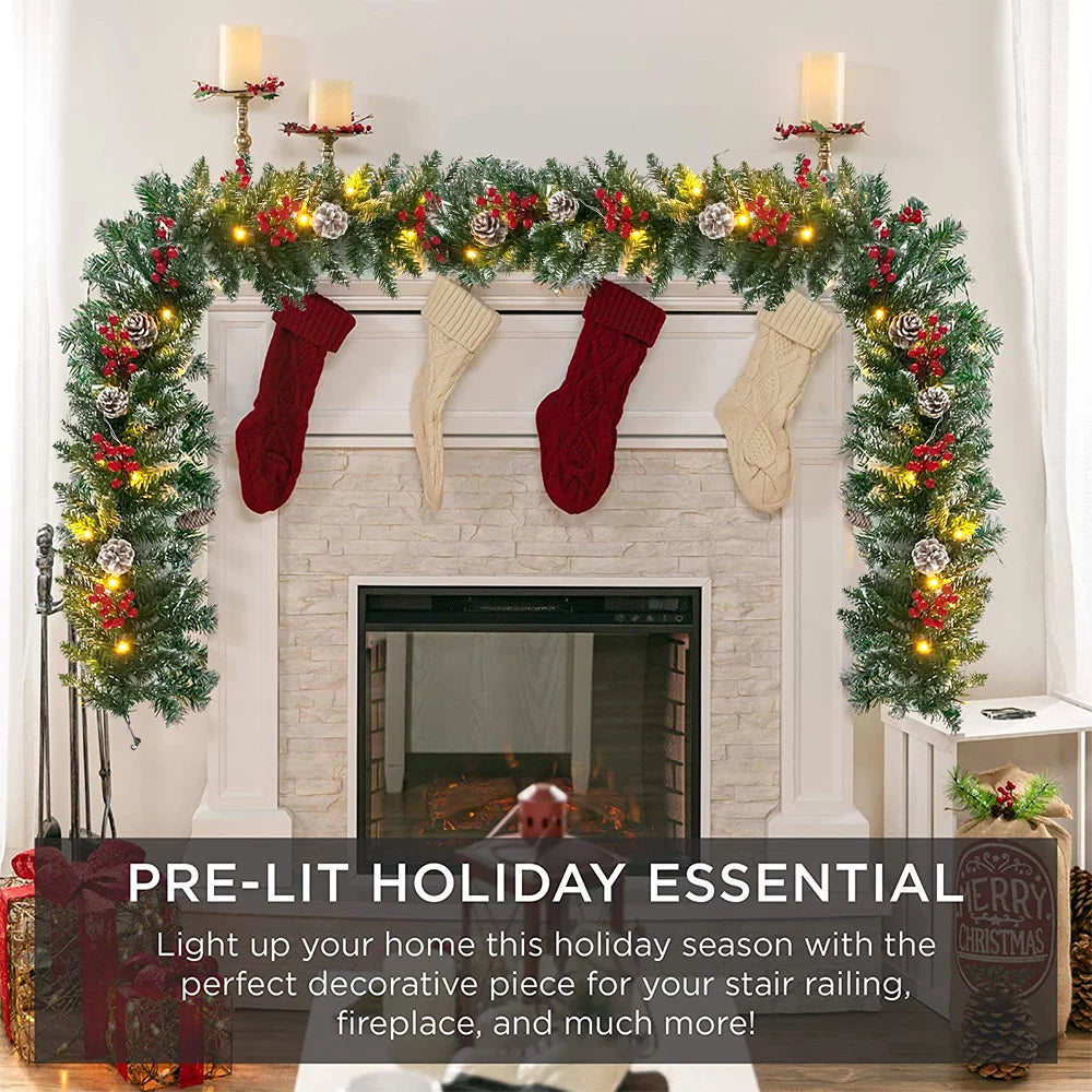 9ft Pre-Lit Christmas Garland with 50 LED Light and Pine Cones and Berries I98004