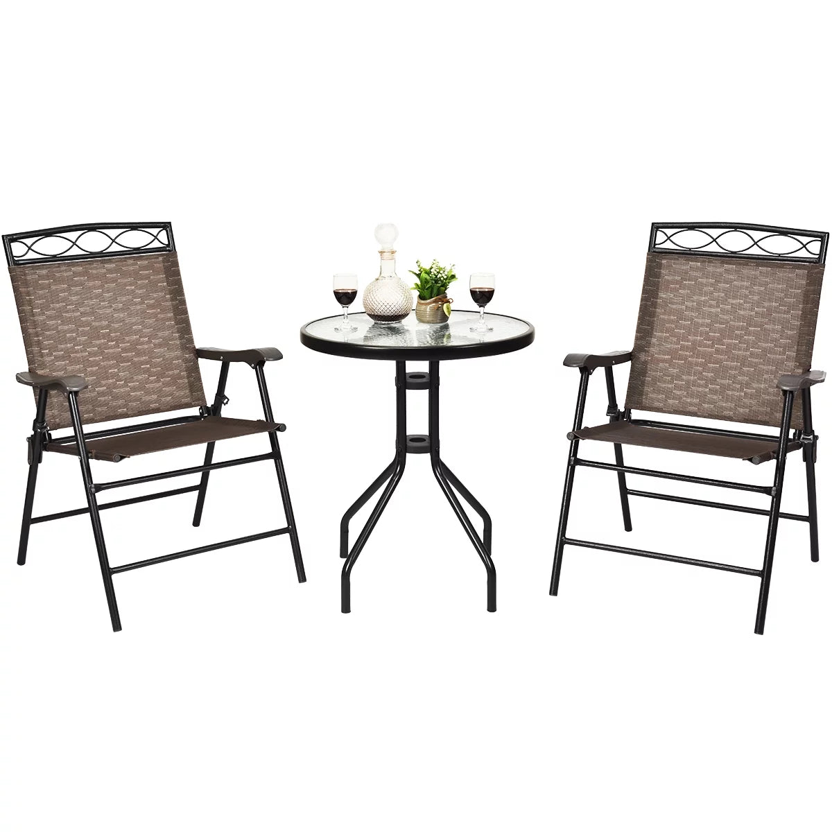 3 PCS Bistro Patio Dining Set with 2 Folding Chairs & Glass Table L5326