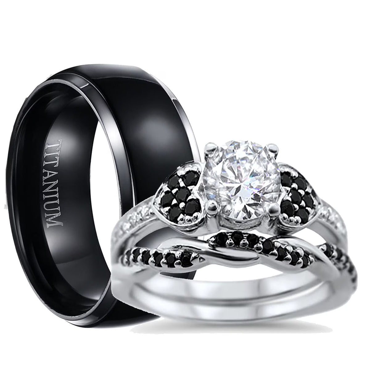 3 Piece Sterling Silver Black Titanium Wedding Band Engagement Ring Set A775980