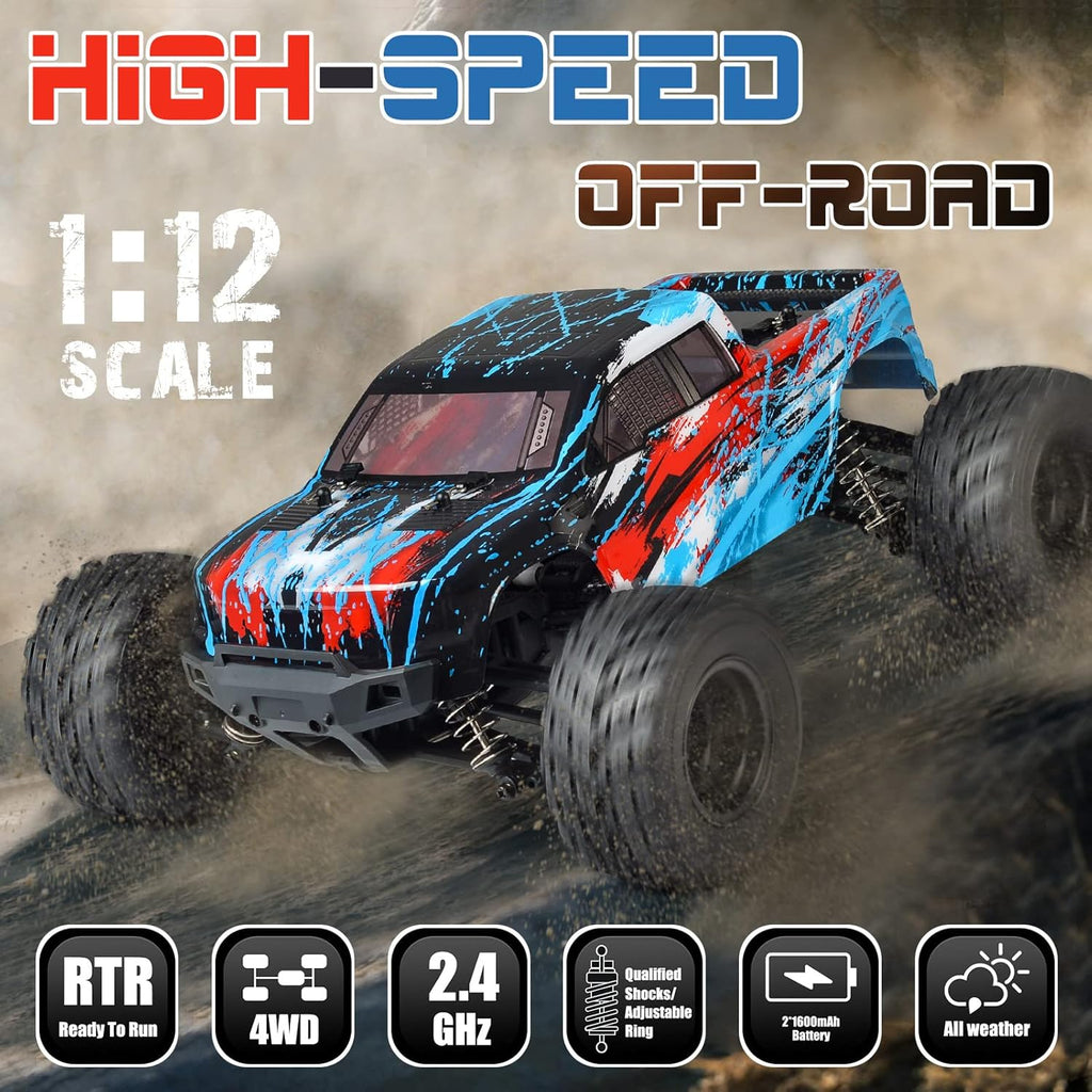 1/12 Scale Remote Control Car 2 Batteries 40+ km/h Off Road 4x4 Monster Truck B3671