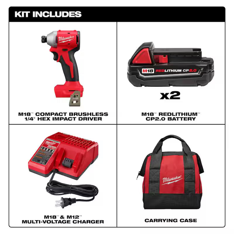 18V Brushless Cordless 1/4 in. Impact Driver Kit with 2.0 Ah Batteries and Charger Y3786