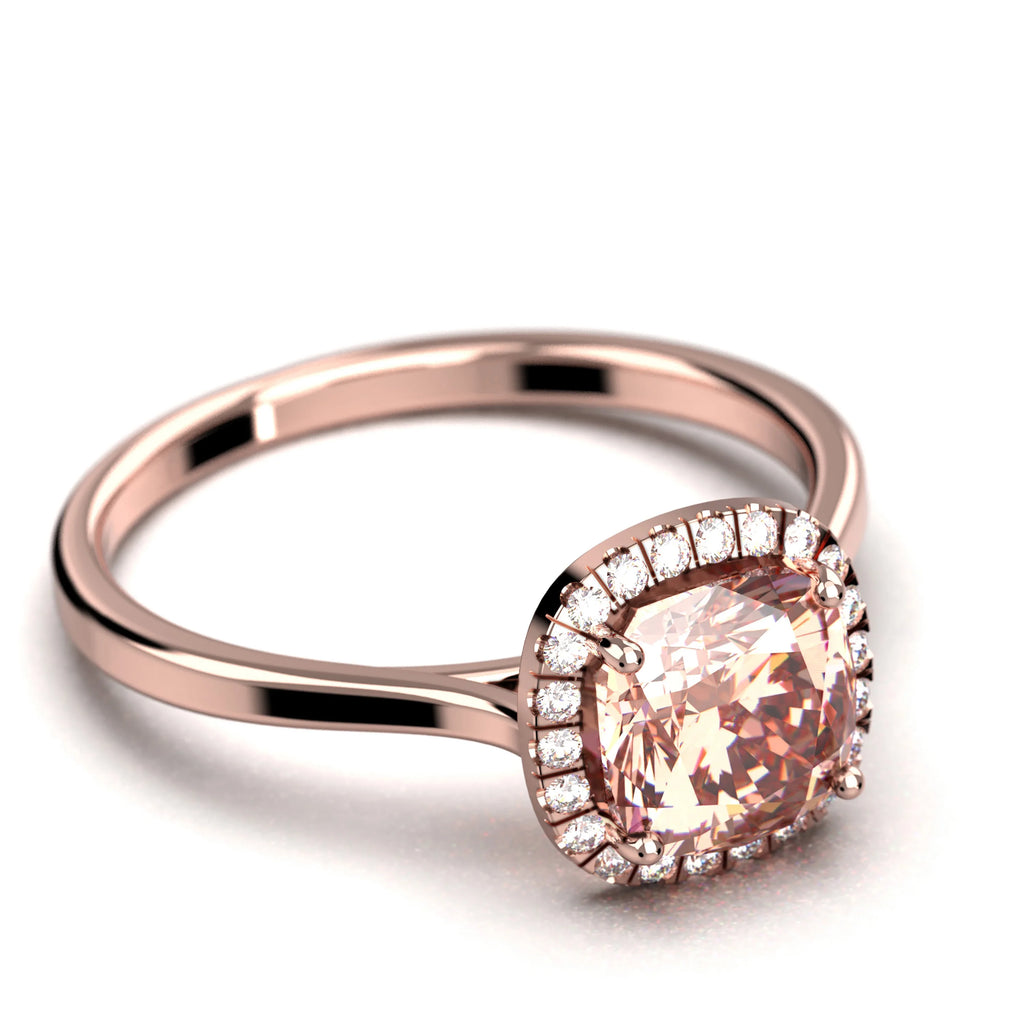 1.55 Carat Cushion Cut Morganite And Diamond Moissanite Engagement Ring in 10k Solid Rose Gold A9644