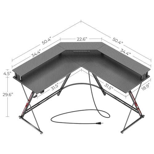 50.4” L-Shaped Gaming Desk with LED Light & Power Outlets G497198