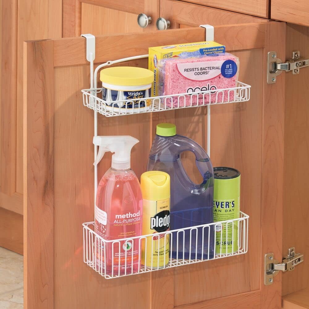 Metal Over Cabinet Kitchen Storage Organizer Basket, 2 Pack, Matte White O5434