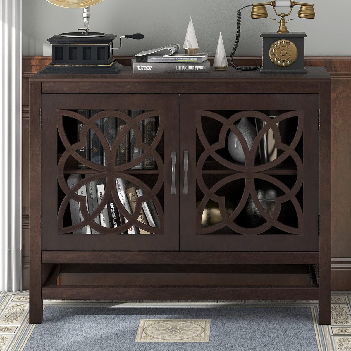 Navy Blue Wood Accent Buffet Sideboard with Doors and Adjustable Shelf O669