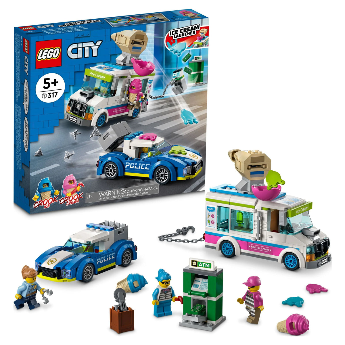Ice Cream Truck Police Chase Van Toy with Splat Launcher & Police Car U59892