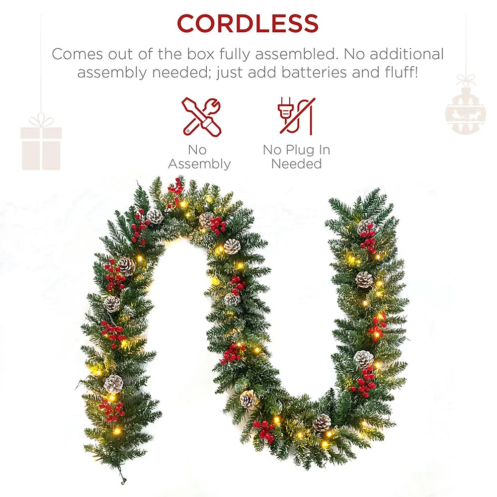 9ft Pre-Lit Christmas Garland with 50 LED Light and Pine Cones and Berries I98004