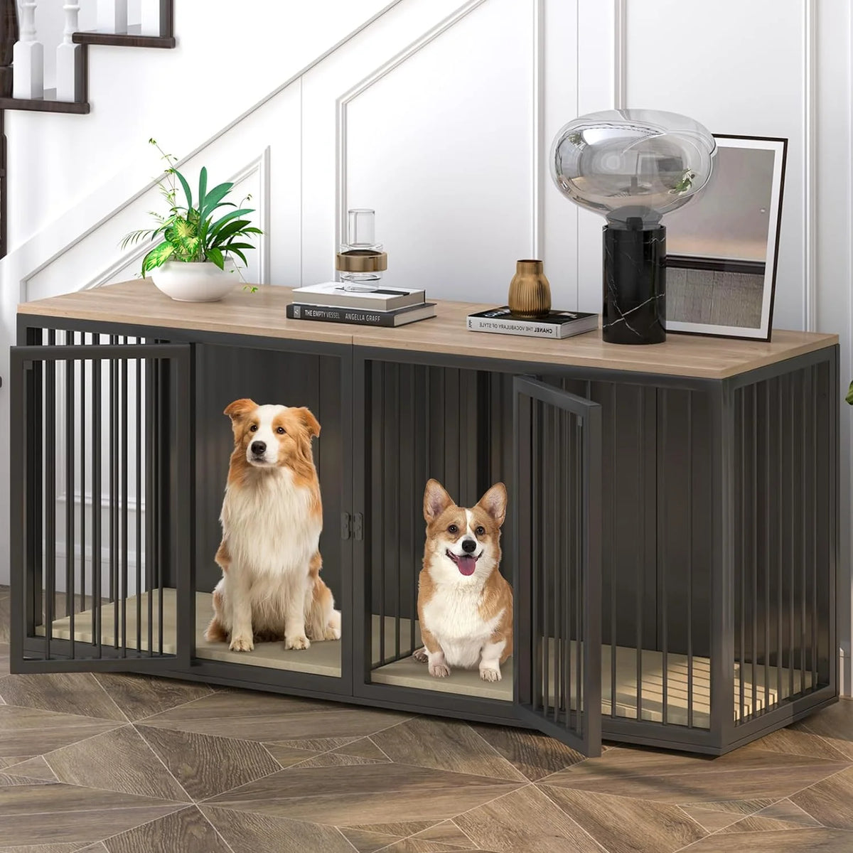 Black Large 2 Dog Steel Frame Wooden Top Crate Furniture C250614